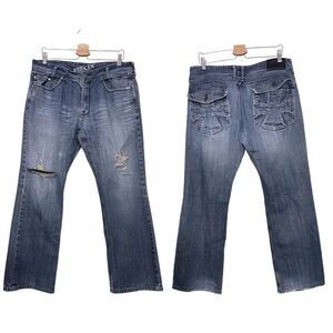 Helix Jeans Men's SLIM BOOT 36/30 Distressed  Damaged Denim Blue